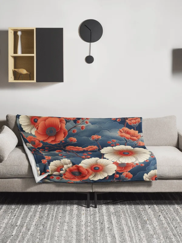 Japanese Chrysanthemum Throw Blanket | Vintage Kiku Floral Fleece Blanket product image (14)