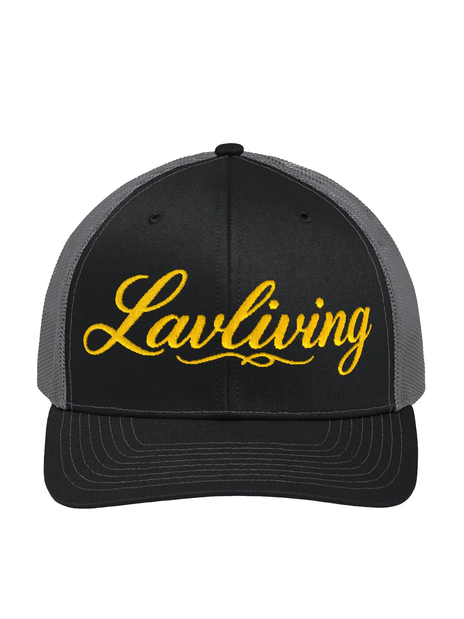 Gold Cursive Trucker Hat, actual Fourthwall product photo: Front