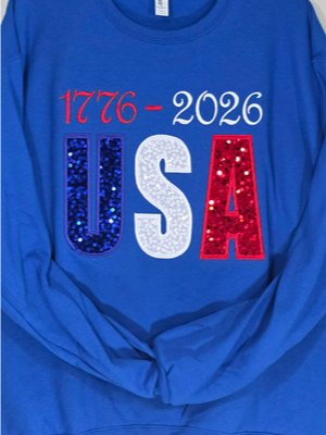 USA 1776 Gray Patriotic America 4th of July Blue Crewneck Embroidery Applique Sequin product image (2)
