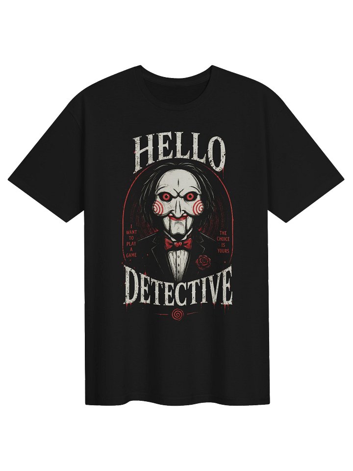 Hello Detective Horror Graphic T-Shirt | Creepy Puppet Streetwear Tee product image (1)
