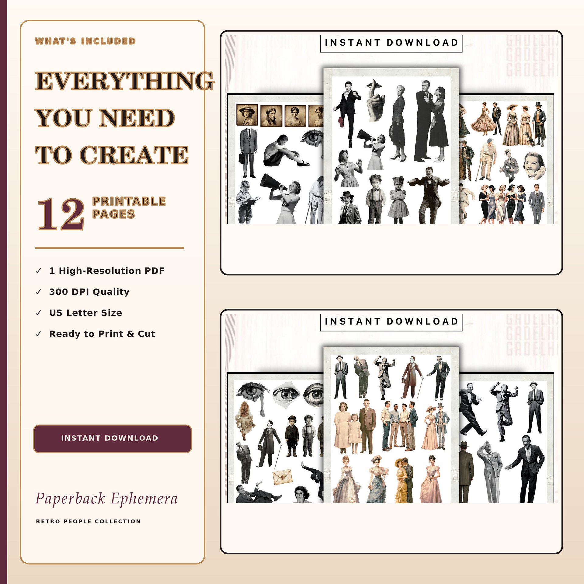 Retro People Ephemera Printable PDF – 12 Vintage Collage Sheets for Junk Journals product image (2)