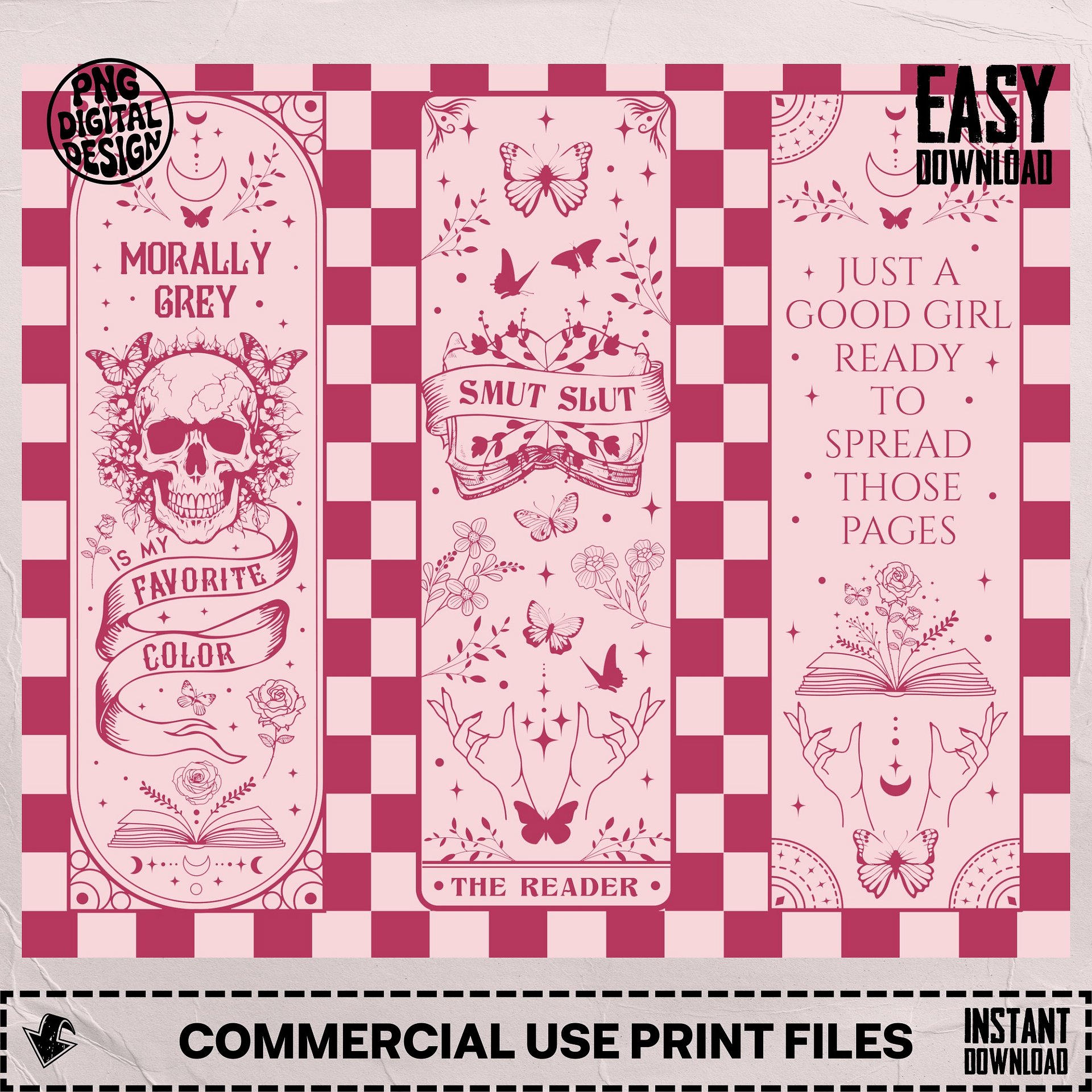 Smut Dark Romance 20oz Book Tumbler Full Wrap PNG, Checkered Pattern Pink, Spicy Morally Grey Seamless Sublimation Design, Digital Download product image (6)