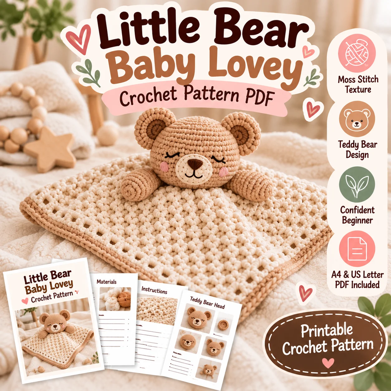 Little Bear Baby Lovey Crochet Pattern PDF | Teddy Bear Security Blanket product image (1)