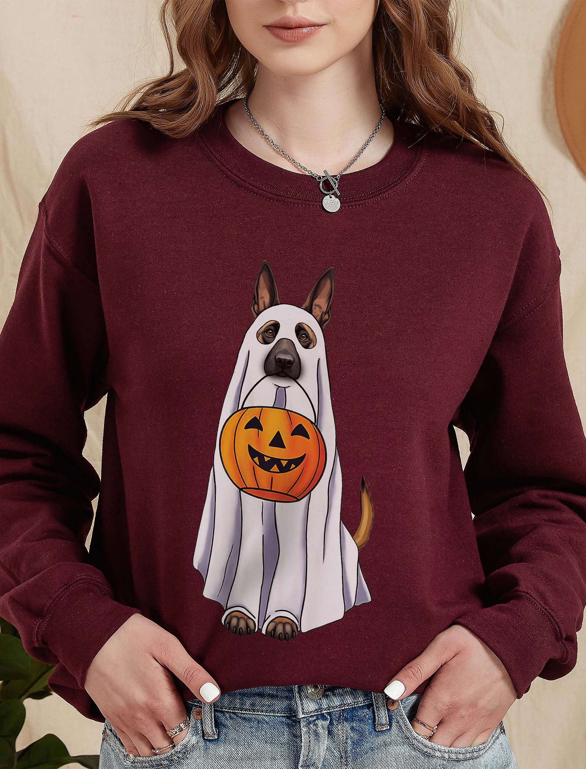 Belgian Malinois Halloween Sweatshirt | Funny Fall and Halloween Malinois Wearing a Ghost Costume with Pumpkin Basket product image (2)