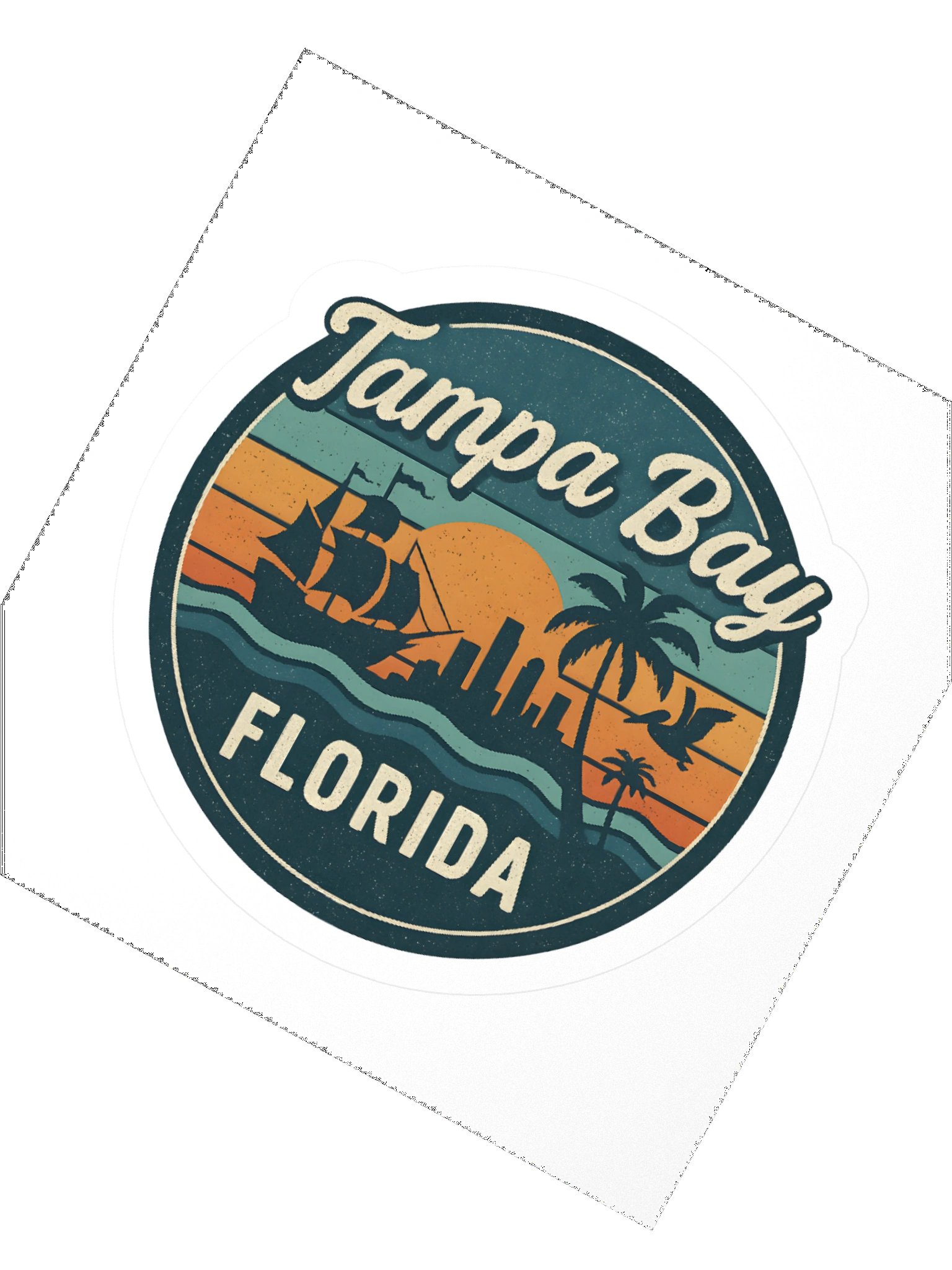 Vintage Tampa Bay Florida Sunset Design with Pirate Ship and Palm Tree Skyline Sticker product image (5)