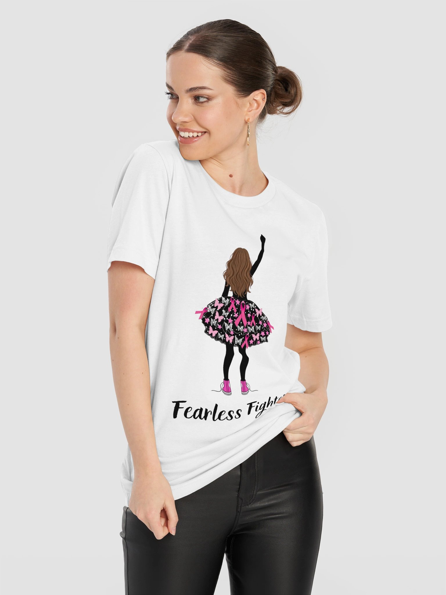 Custom Brown Hair Breast Cancer - Fearless Fighter Unisex T-Shirt [white] product image (4)