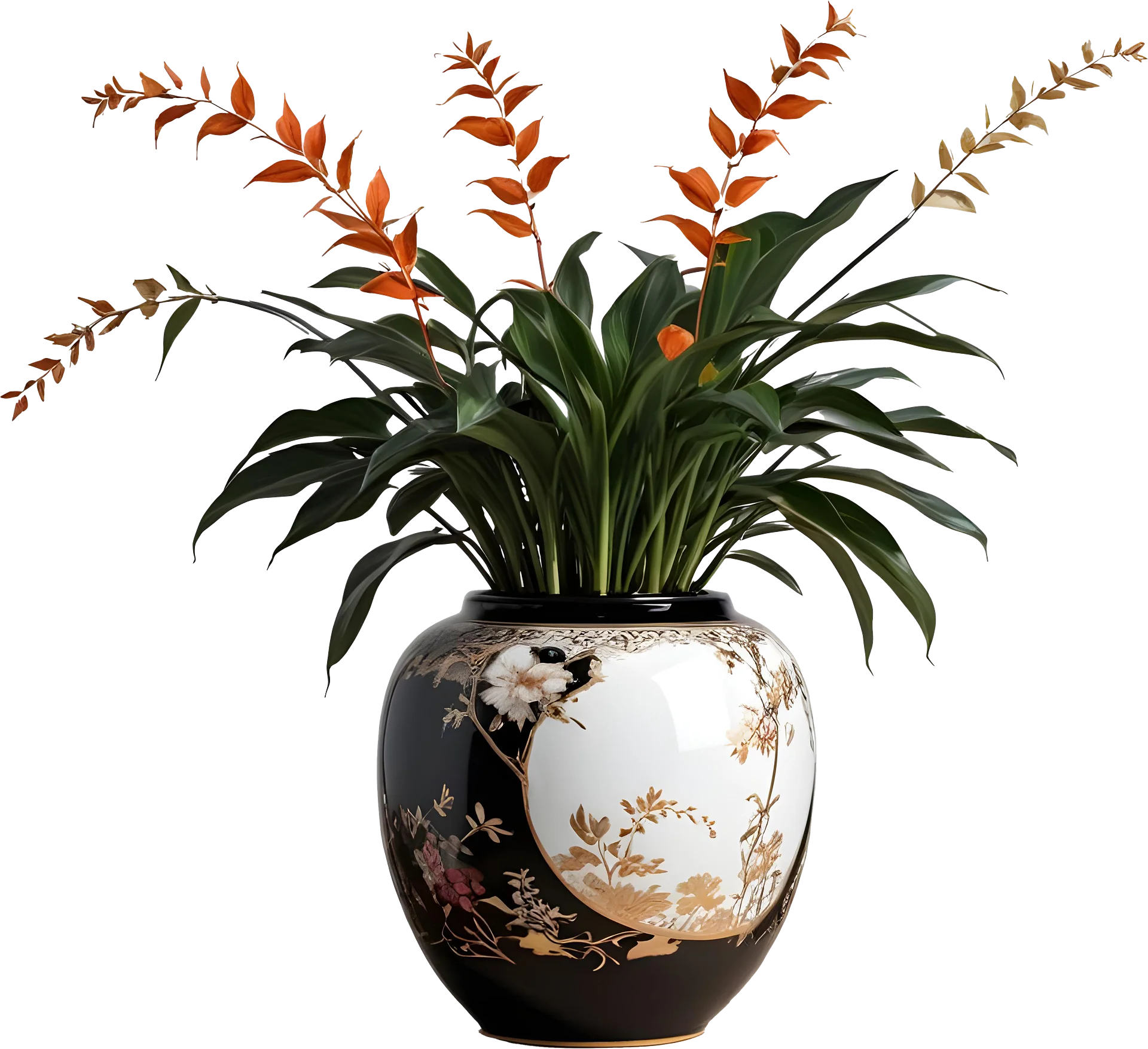 Black and White Chinese Vase – Golden Floral Elegance PNG product image (1)