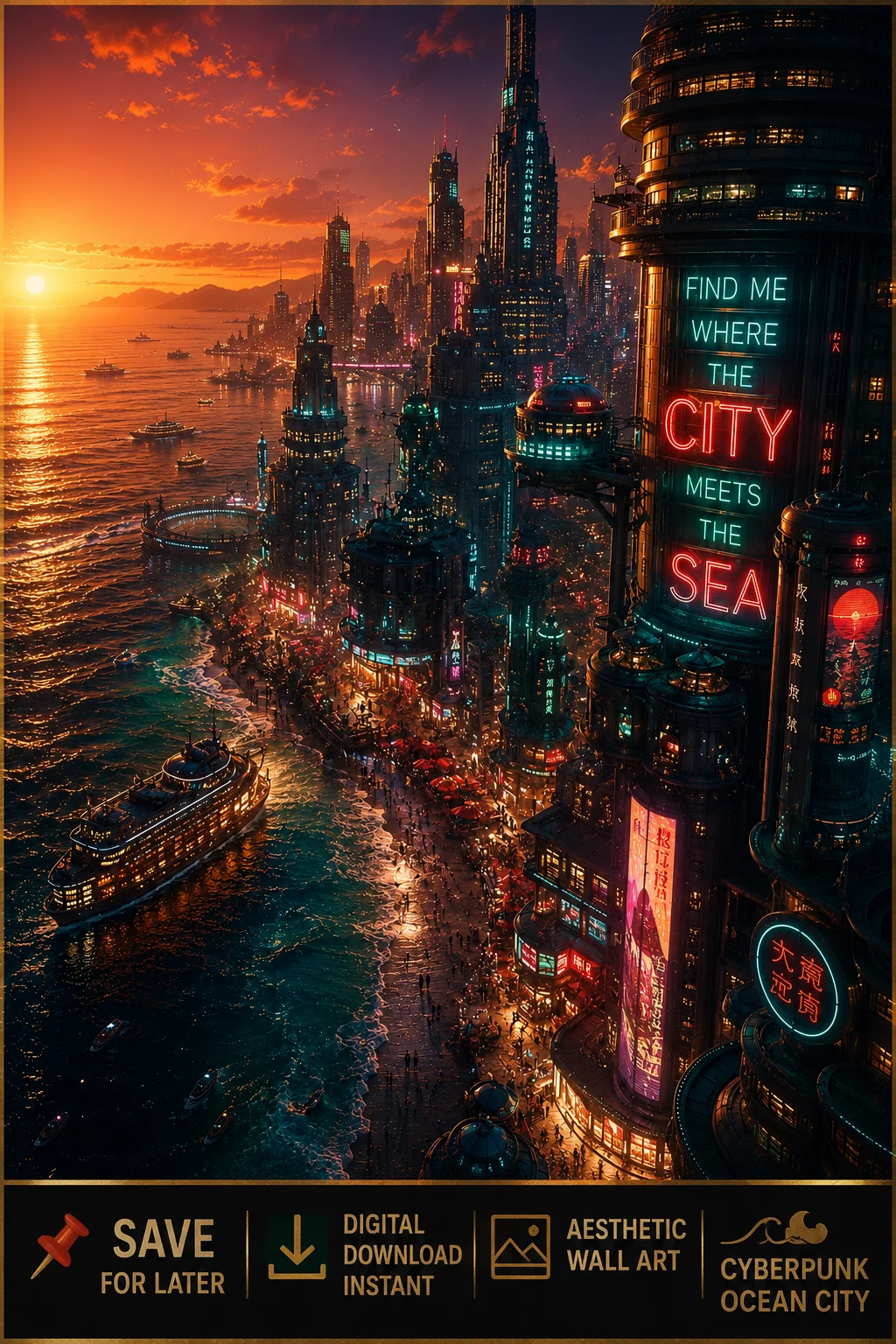 Find Me Where The City Meets The Sea Cyberpunk Neon Ocean Sunset Art Digital Download product image (1)