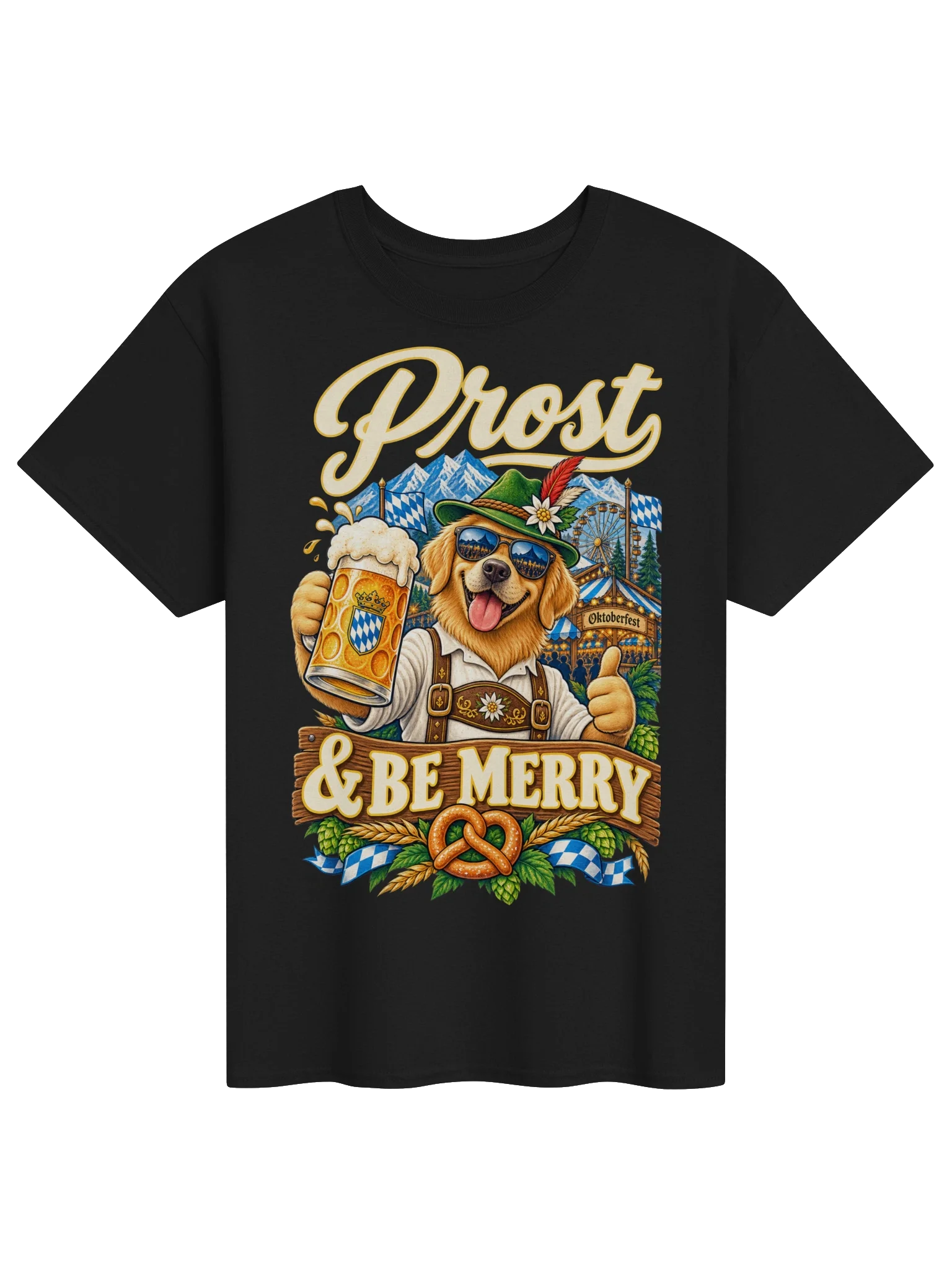 Prost & Be Merry Funny Oktoberfest Golden Retriever Vintage Tee