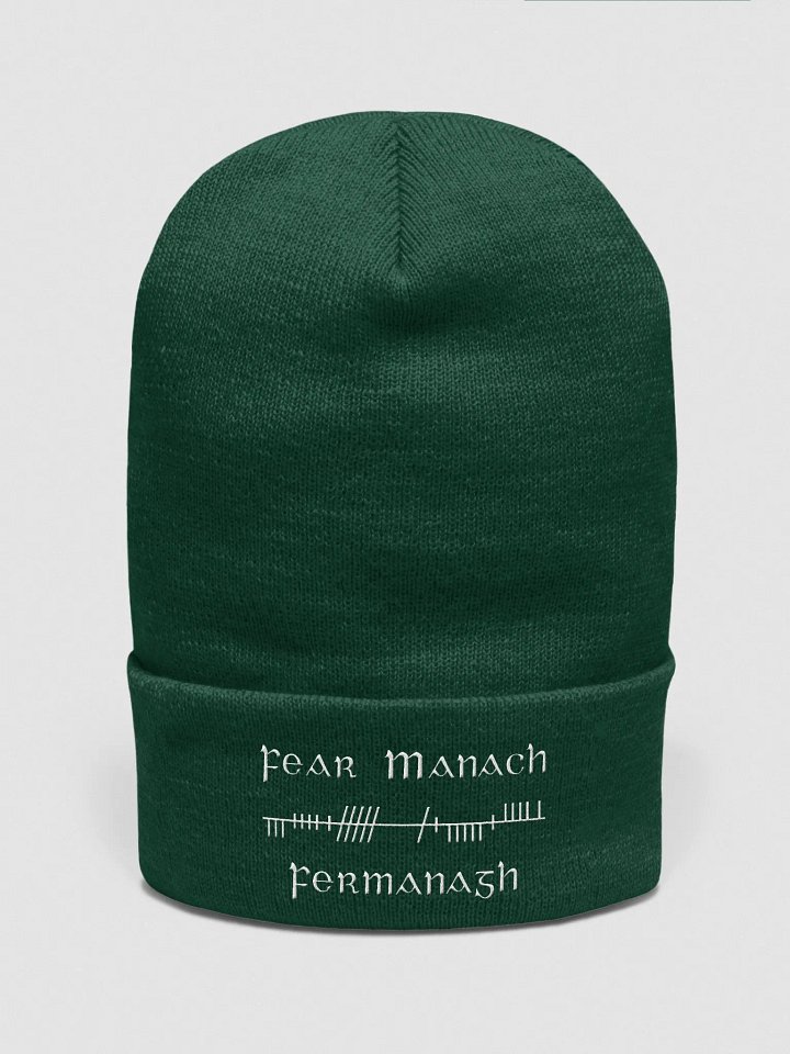 Fermanagh/Fear Manach, Green with white, Orthodox style Ogham embroidered Cuffed Beanie product image (1)