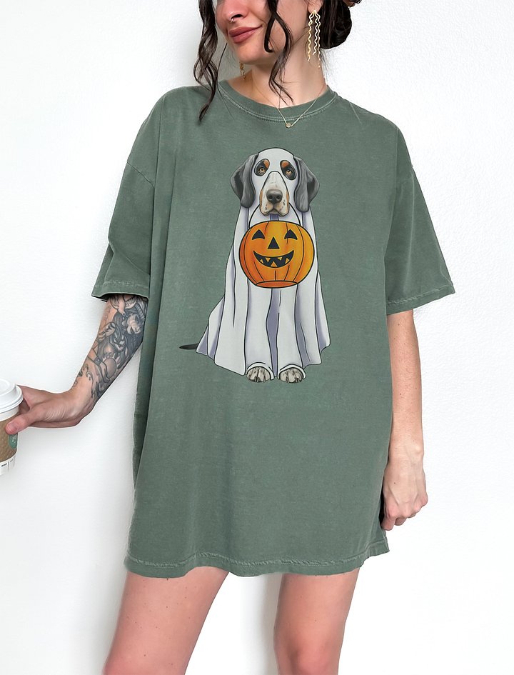 Bluetick Coonhound Halloween Tee | Funny Halloween Bluetick Wearing a Ghost Costume with Pumpkin Basket product image (2)