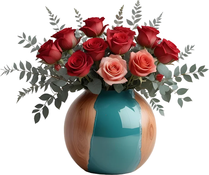 Ocean Serenity – Teal and Wood Rose Vase PNG product image (1)
