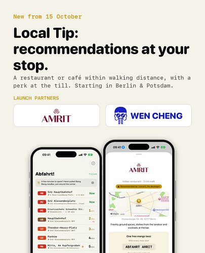Neu ab heute: der Lokaltipp. An der Haltestelle zeigt die App ein empfohlenes Restaurant oder Café in Laufweite, mit einem kl...