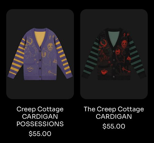 CREEP COTTAGE CARDIGAN!!! Normal and Possessions themed!!! Check them out in the link in bio!!!