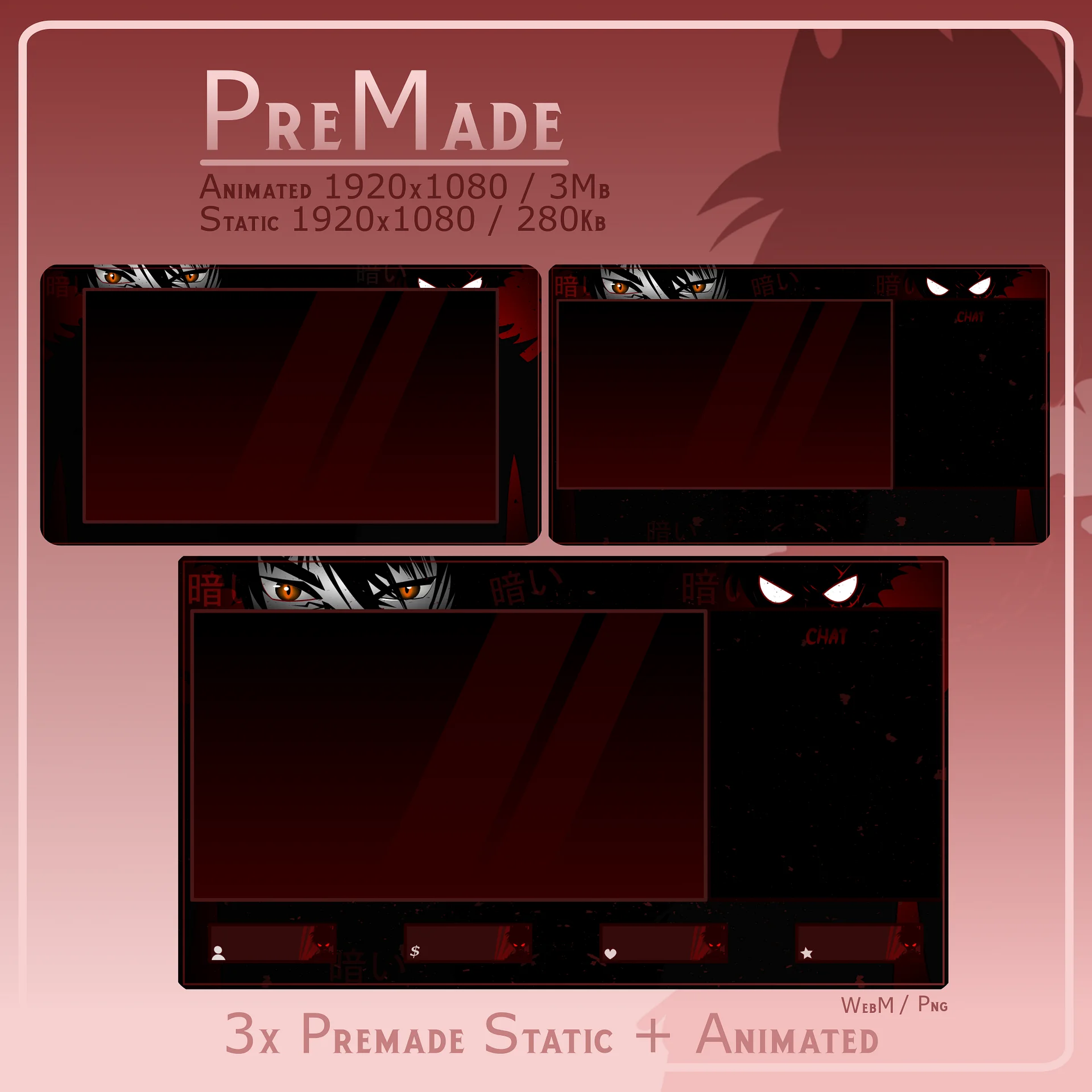Red Cheeks Overlay DARK ANIME Stream Overlay Pack, Anime Overlay pack, Anime Twitch ...