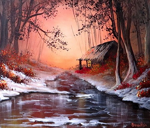 Frozen River Cabin in the Sunset Glow | Acrylic Landscape Painting | Oval Brush Art

Unlock the quiet magic of winter with 