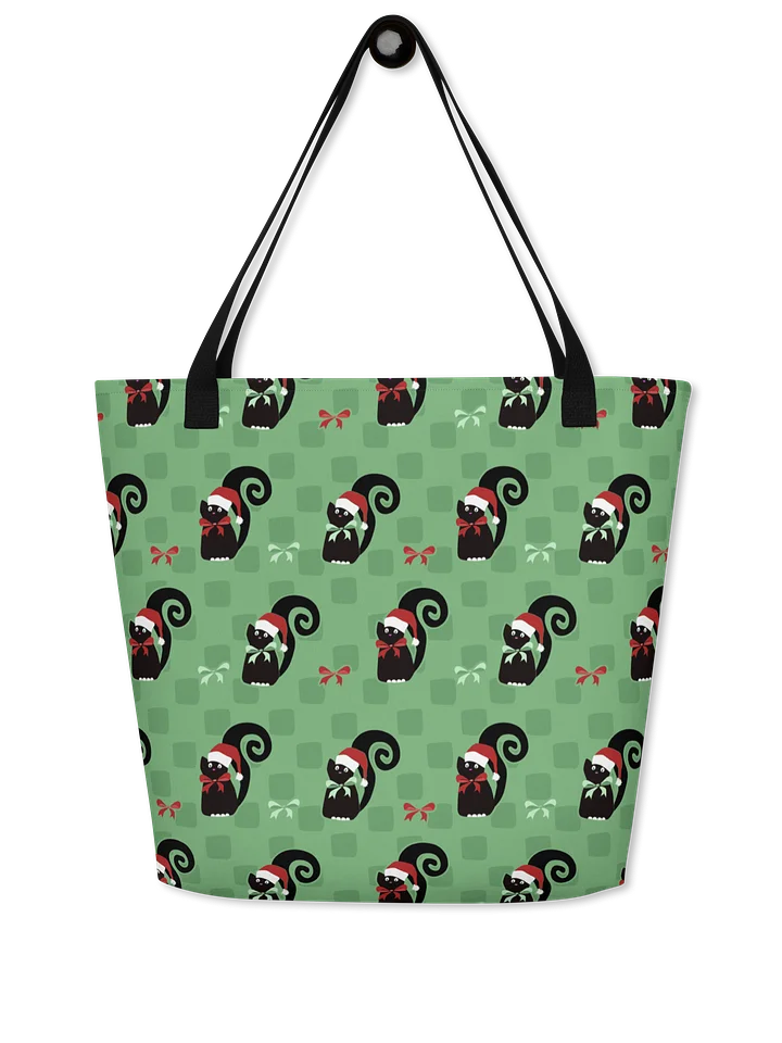Black Christmas Kitties On Mint Green Checkerboard – Large Tote Bag product image (1)
