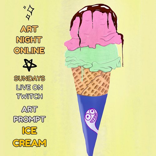 It's Sunday so we play #tunes and make #art! Join us on #Twitch NOW! Today your prompt is #IceCream! Art by the amazing alf_c...