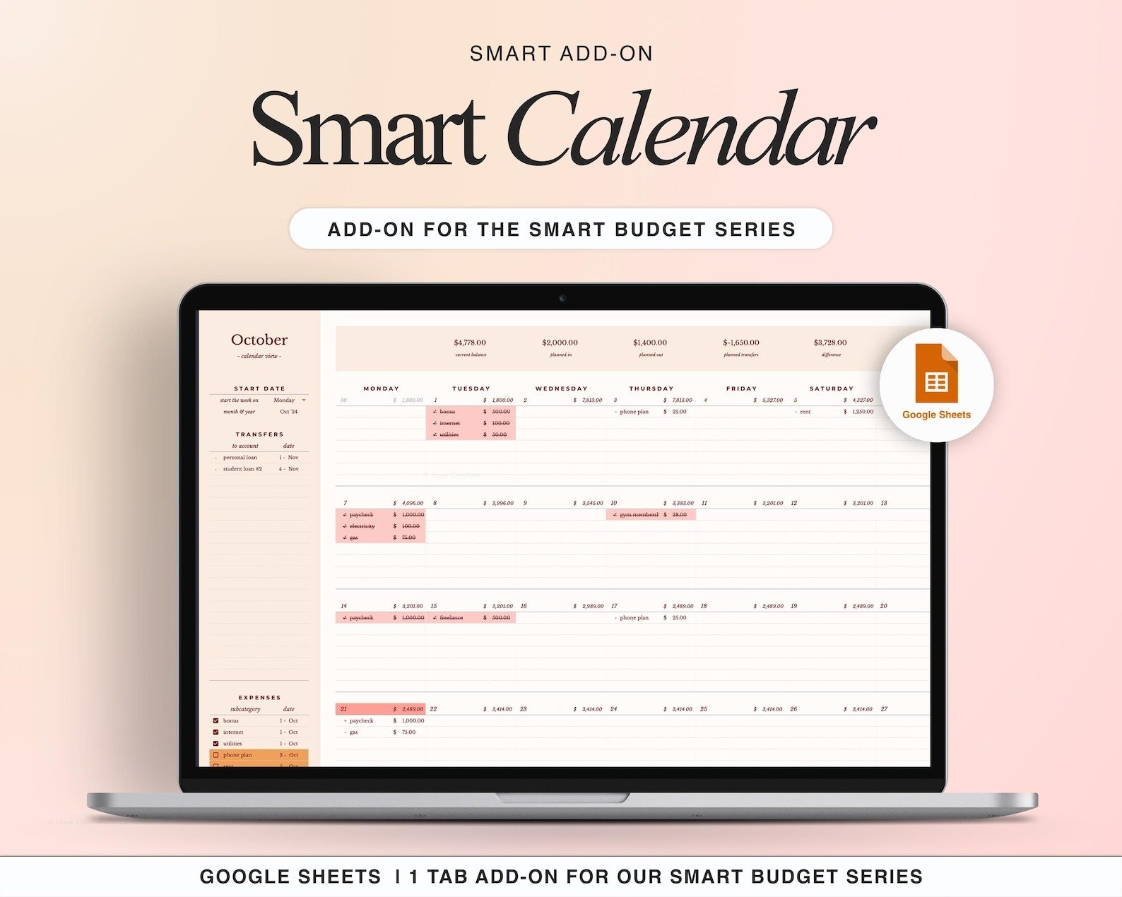 ADD-ON: Smart Calendar Add On for Our Smart Budget Spreadsheet product image (1)