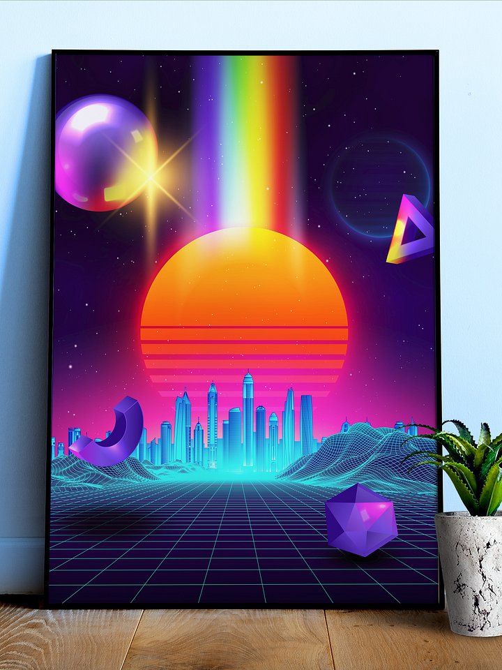 Neon sunset, city and sphere [synthwave/vaporwave/cyberpunk] — aesthetic art print product image (1)