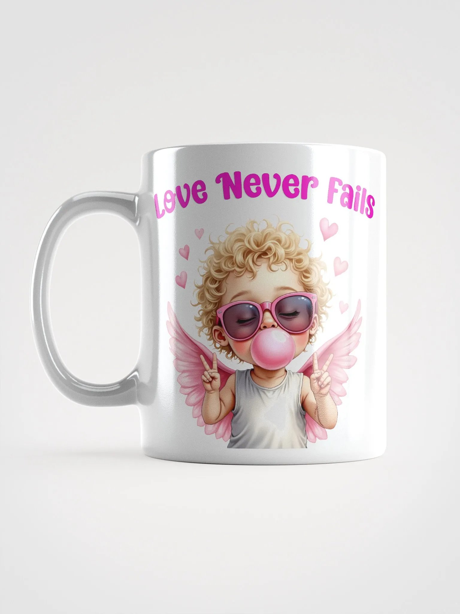 Love Never Fails Valentine Retro Cupid Valentine's Day White Glossy Mug product image (4)