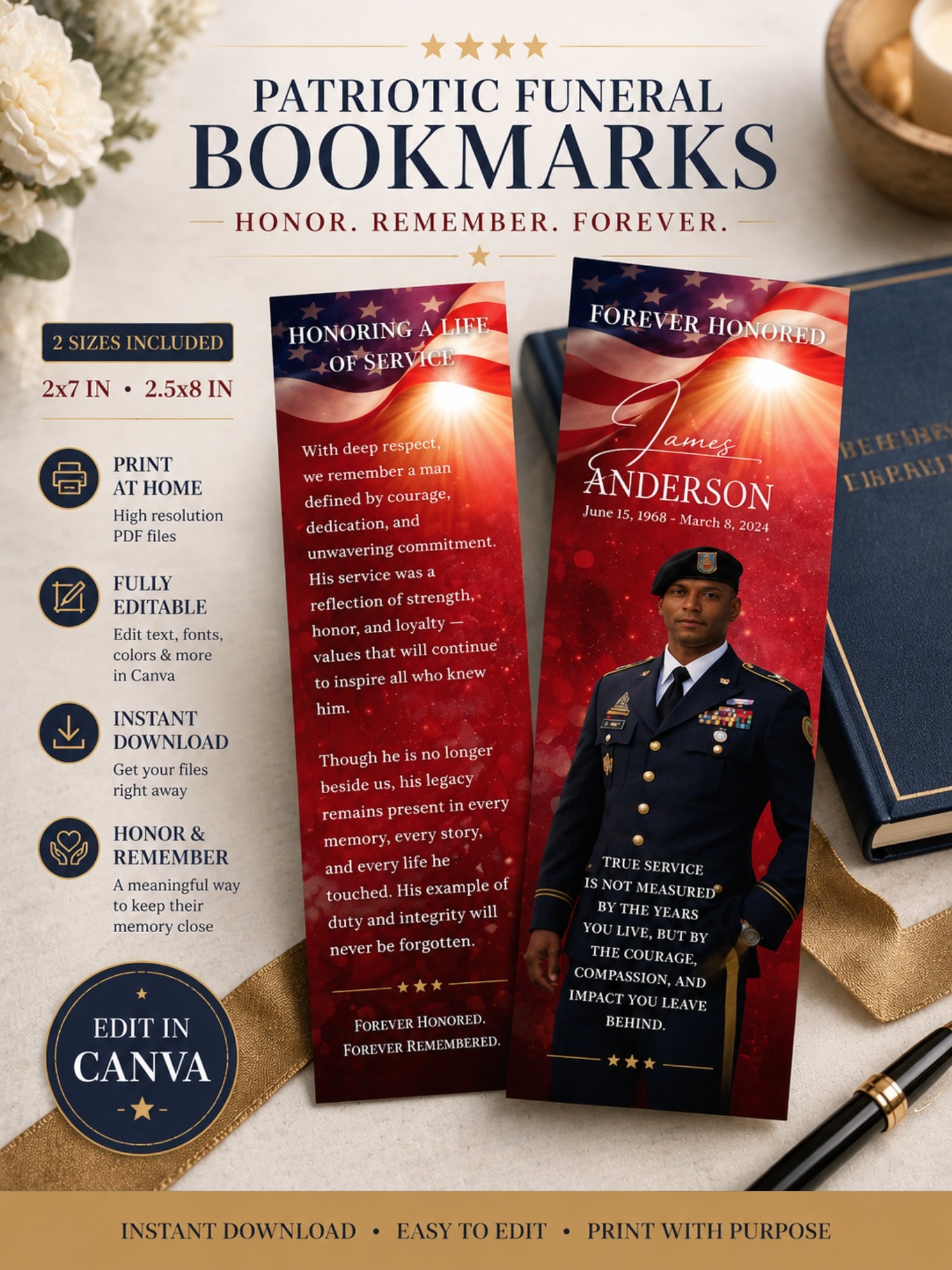 Military Funeral Bookmark Template, Veteran Obituary, Editable Canva product image (1)