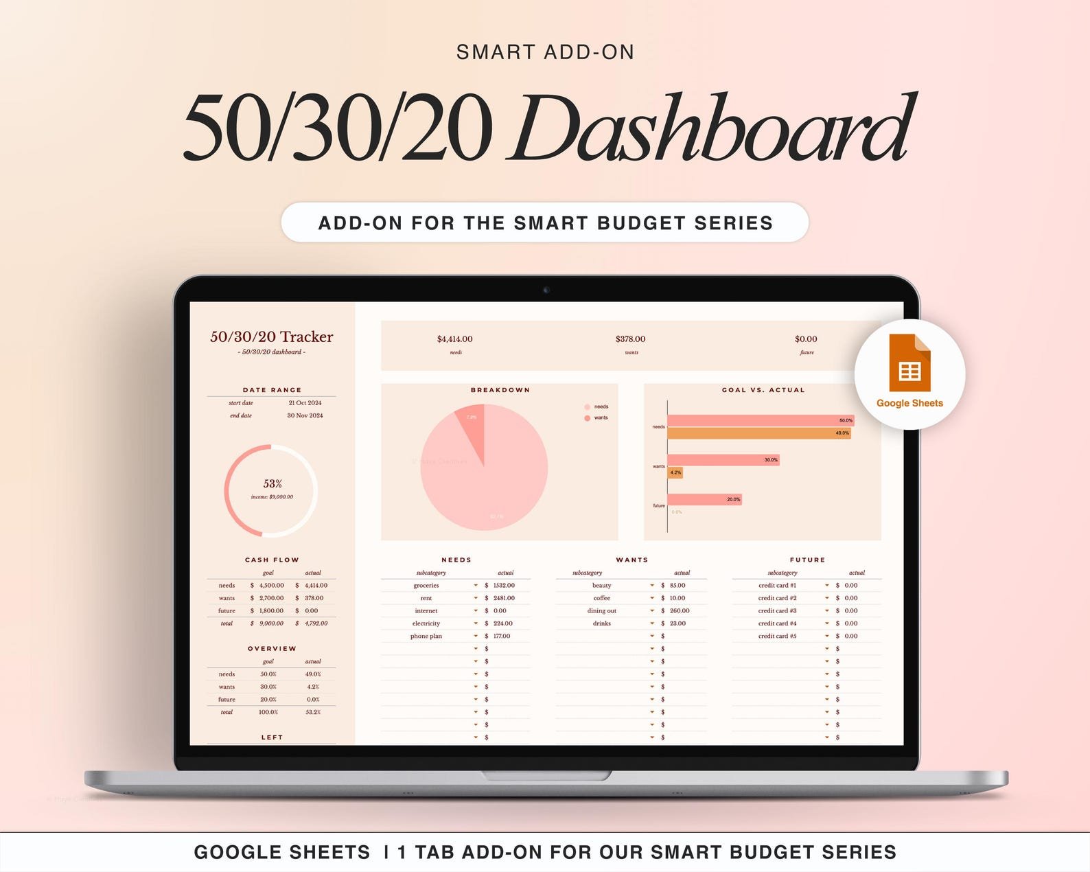 ADD-ON: 50/30/20 Dashboard Add On for Our Smart Budget Spreadsheet product image (1)