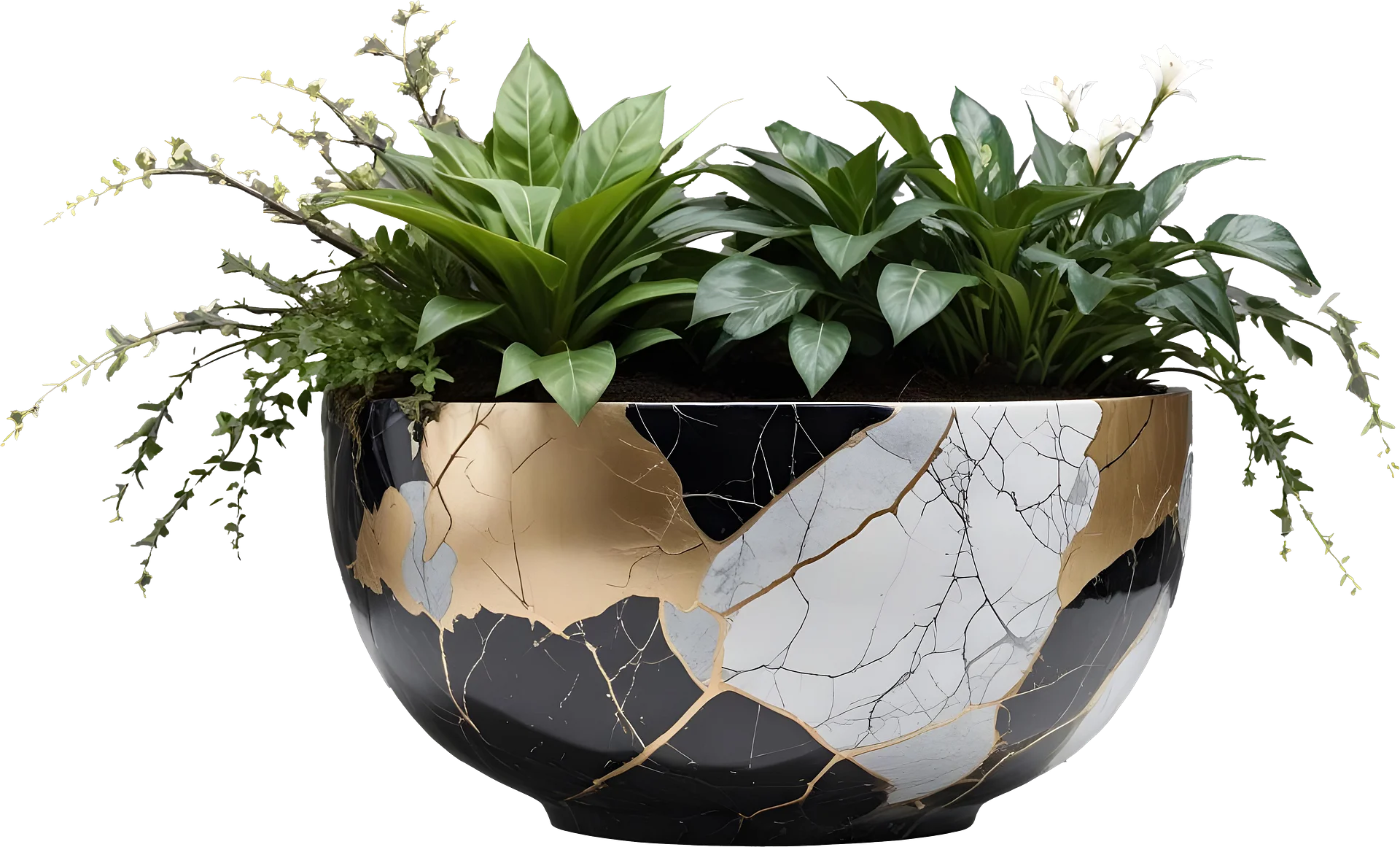 Kintsugi Elegance – Black and Gold Decorative Planter PNG product image (1)