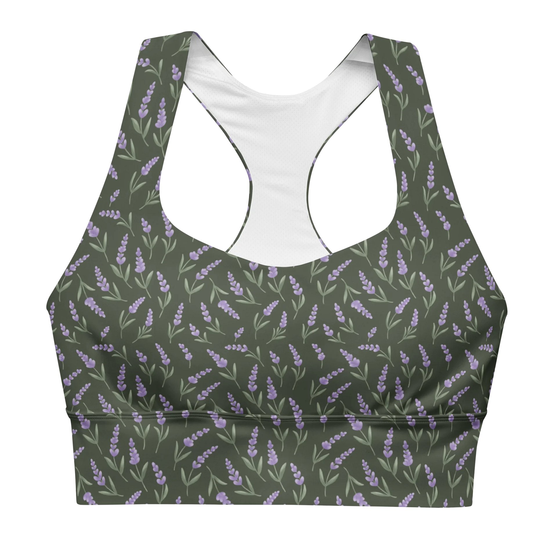 All-Over print recycled longline sports bra with lavender pattern on green background product image (3)