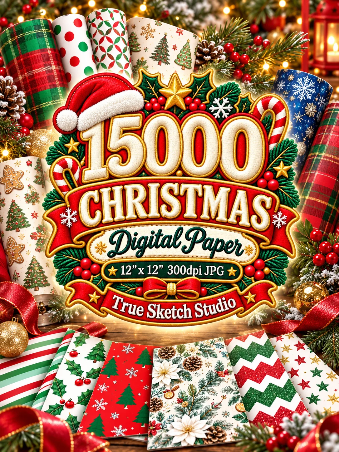 15000 Christmas Digital Paper Bundle, 12x12 JPG, Holiday Scrapbook Paper, Xmas Backgrounds, Printable Pattern Mega Bundle product image (1)