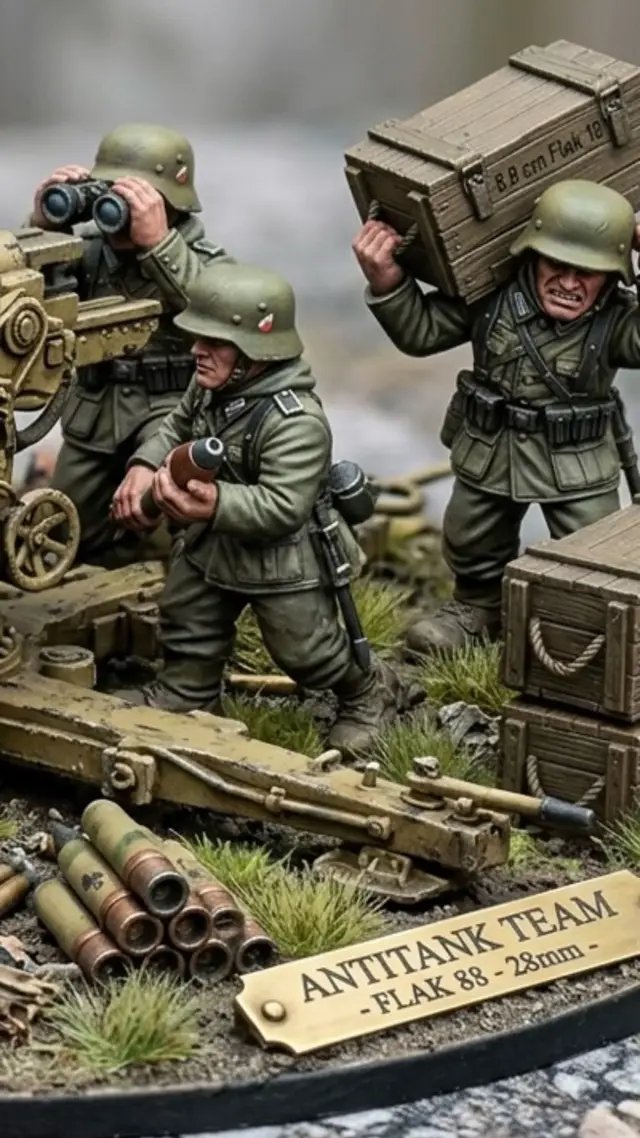 Ready to defend the frontline! 🛡️ Check out our new WWII German Antitank Team in 28mm scale. From the iconic Flak 88 to the specialized crew members, every detail is crafted for maximum realism on your Bolt Action tabletop. 💥 Download the miniatures, print then with the help of the painting guide colorize your squad, and bring the battle to life with your painting skills! 🎨 Keep those enemy tanks away! 🚜💨  #Wargaming #WW2Miniatures #AntitankTeam #ScaleModel