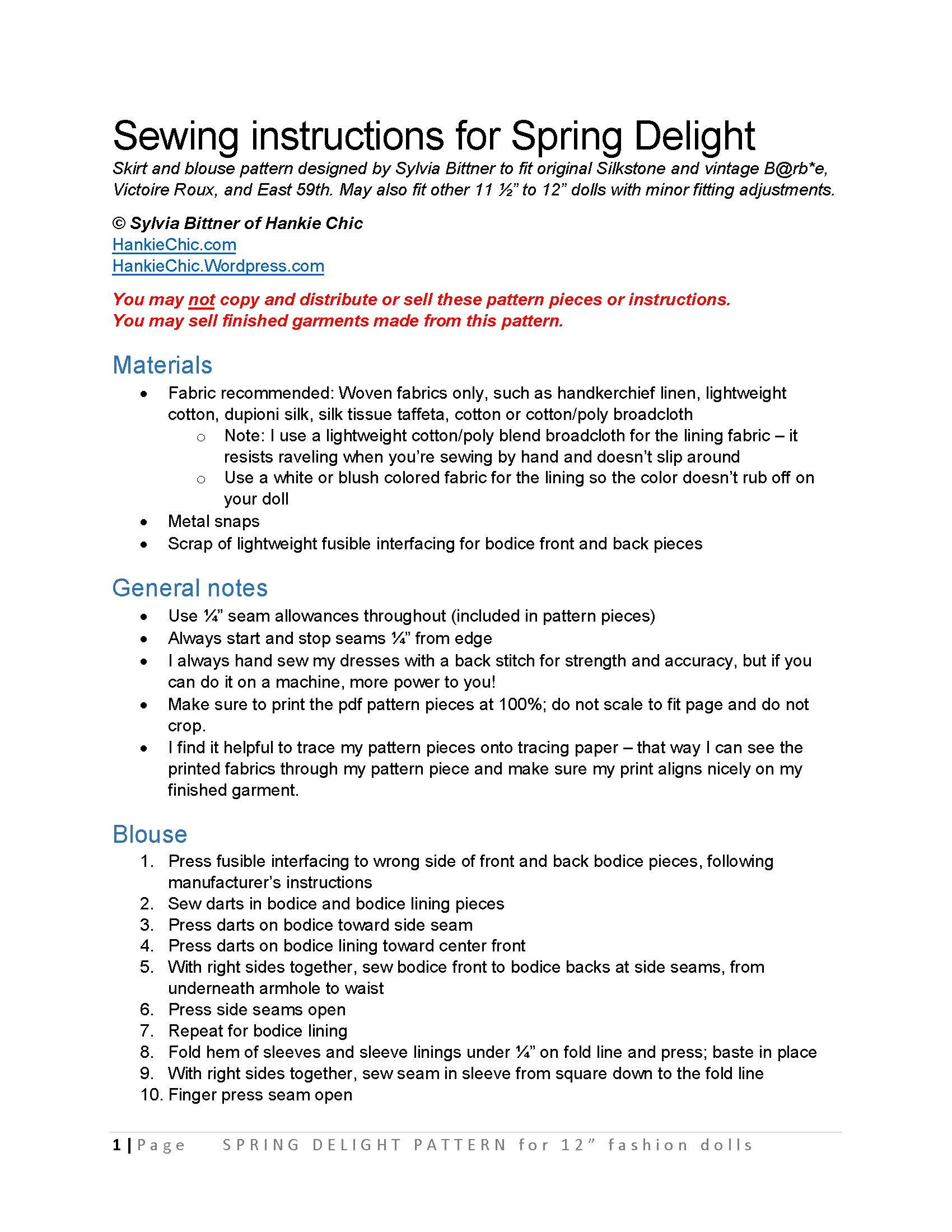 Spring Delight sewing pattern for 12