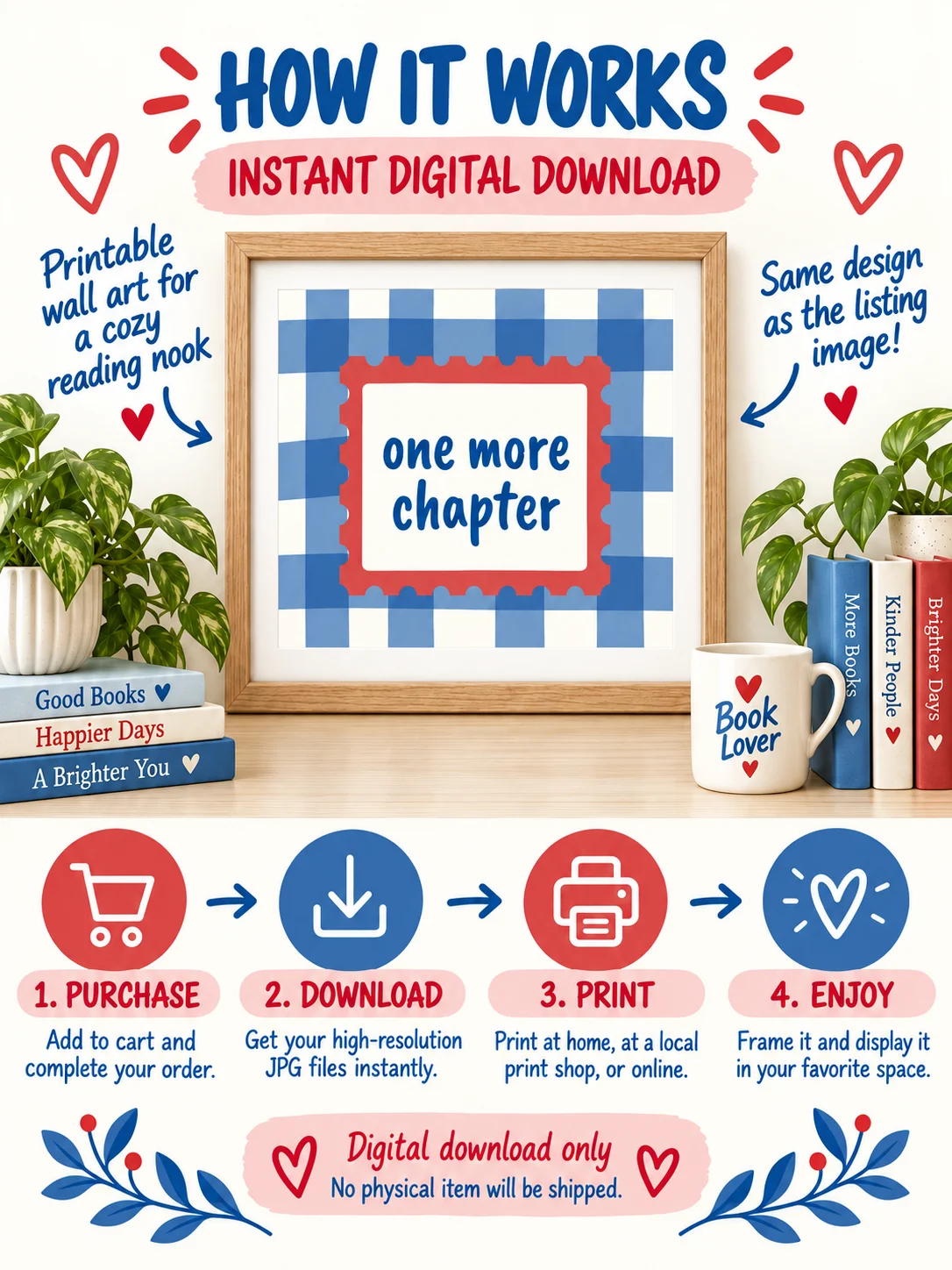 One More Chapter Printable Wall Art | Book Lover Quote Poster | Reading Nook Decor | Blue Gingham Literary Download product image (3)