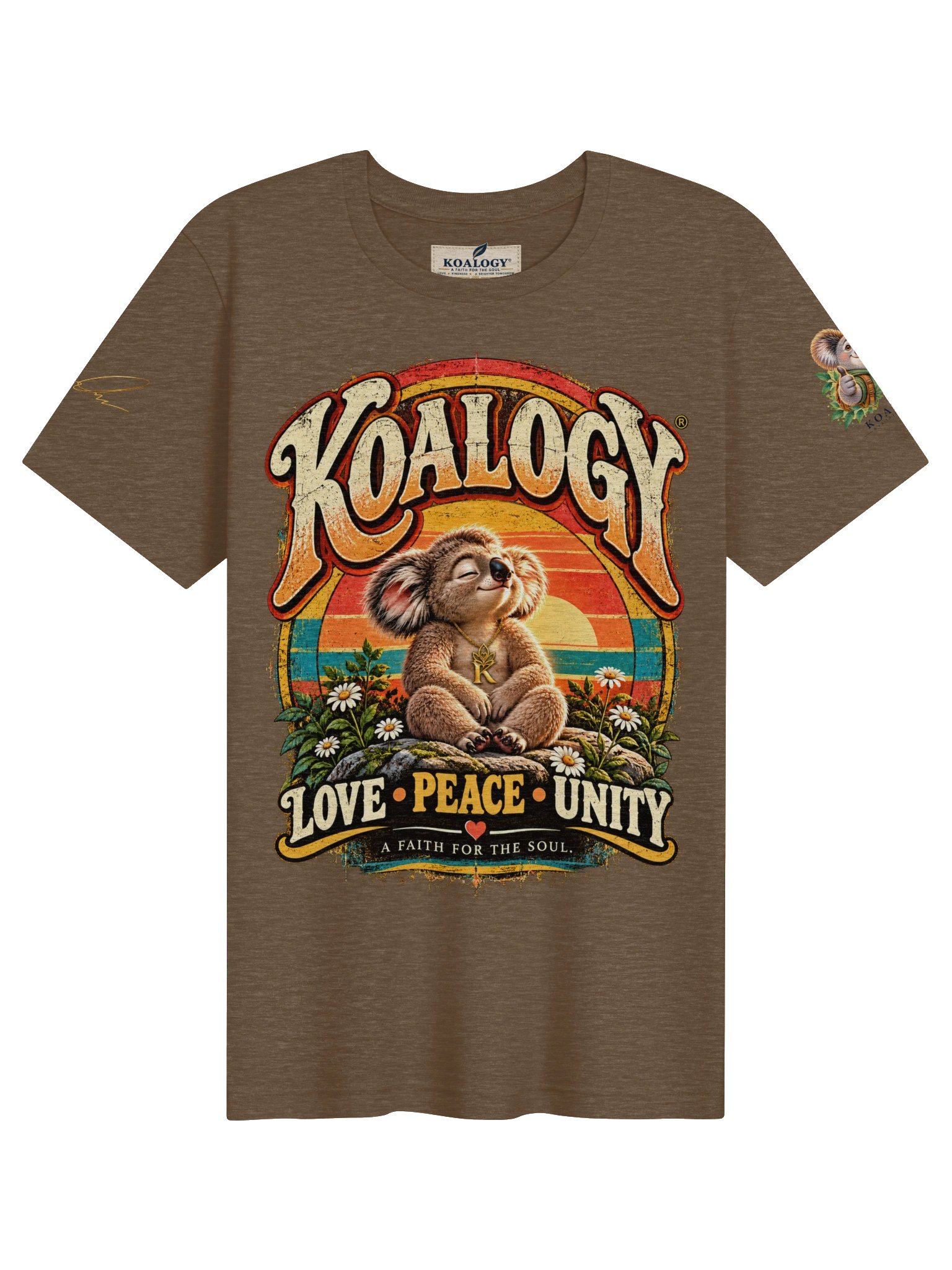 Heather brown Love Peace Unity tee with a koala beneath a retro sunset