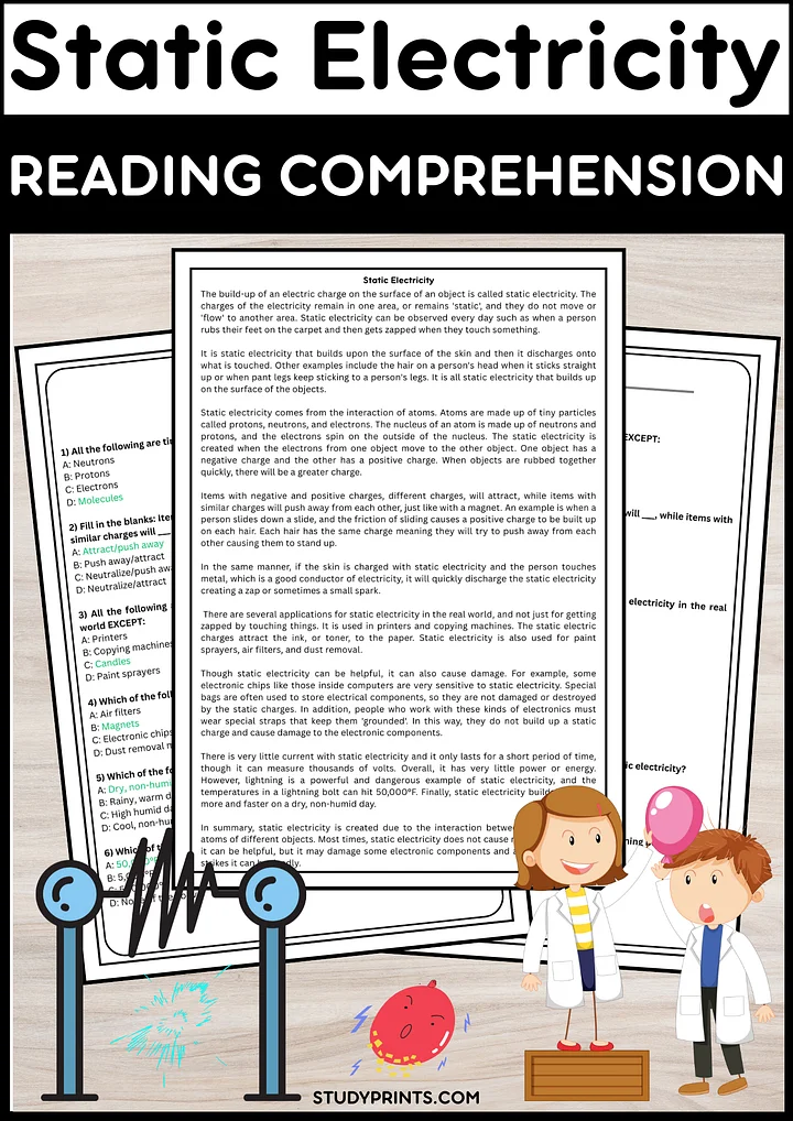 Static Electricity Reading Comprehension with Multiple Choice Questions product image (1)