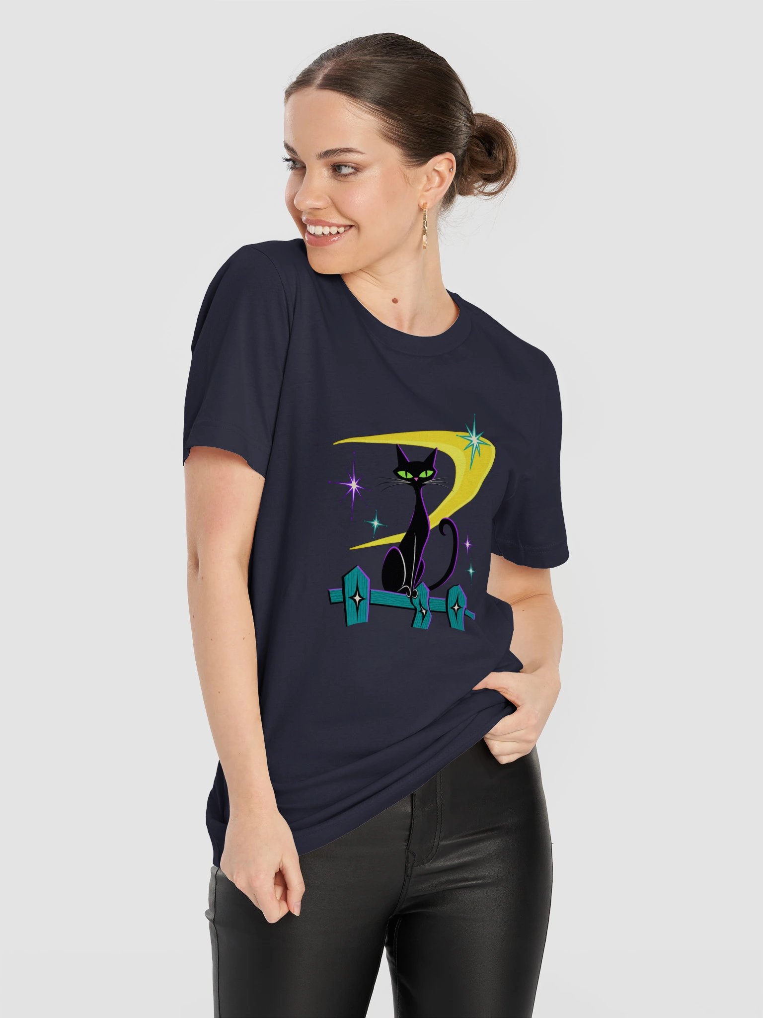 Midnight Atomic Cat Under the Moon Retro T-Shirt product image (51)