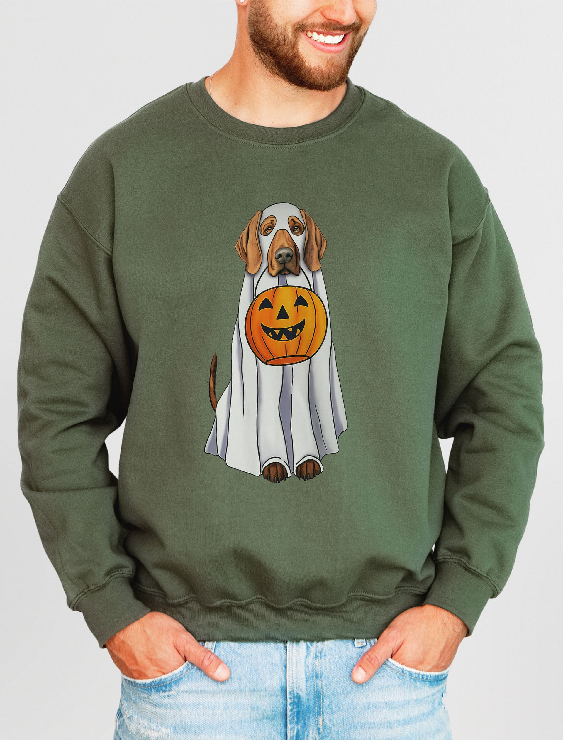 Redbone Coonhound Halloween Sweatshirt | Funny Fall and Halloween Coonhound Wearing Ghost Costume with Pumpkin Basket product image (2)
