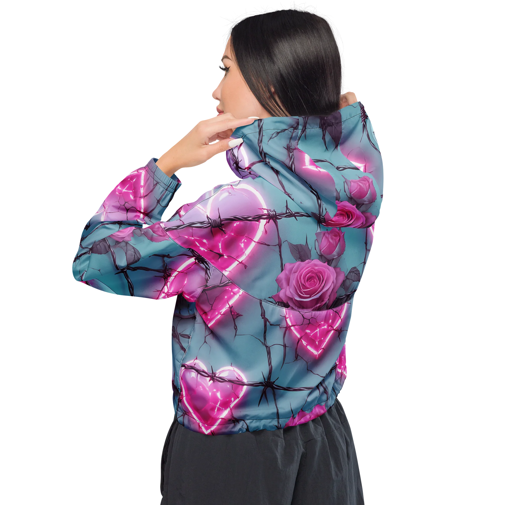 Neon Barbed Rose Heart Cropped Windbreaker - Glow Pink Shattered Hearts All-Over Print Women's Lightweight Jacket product image (3)