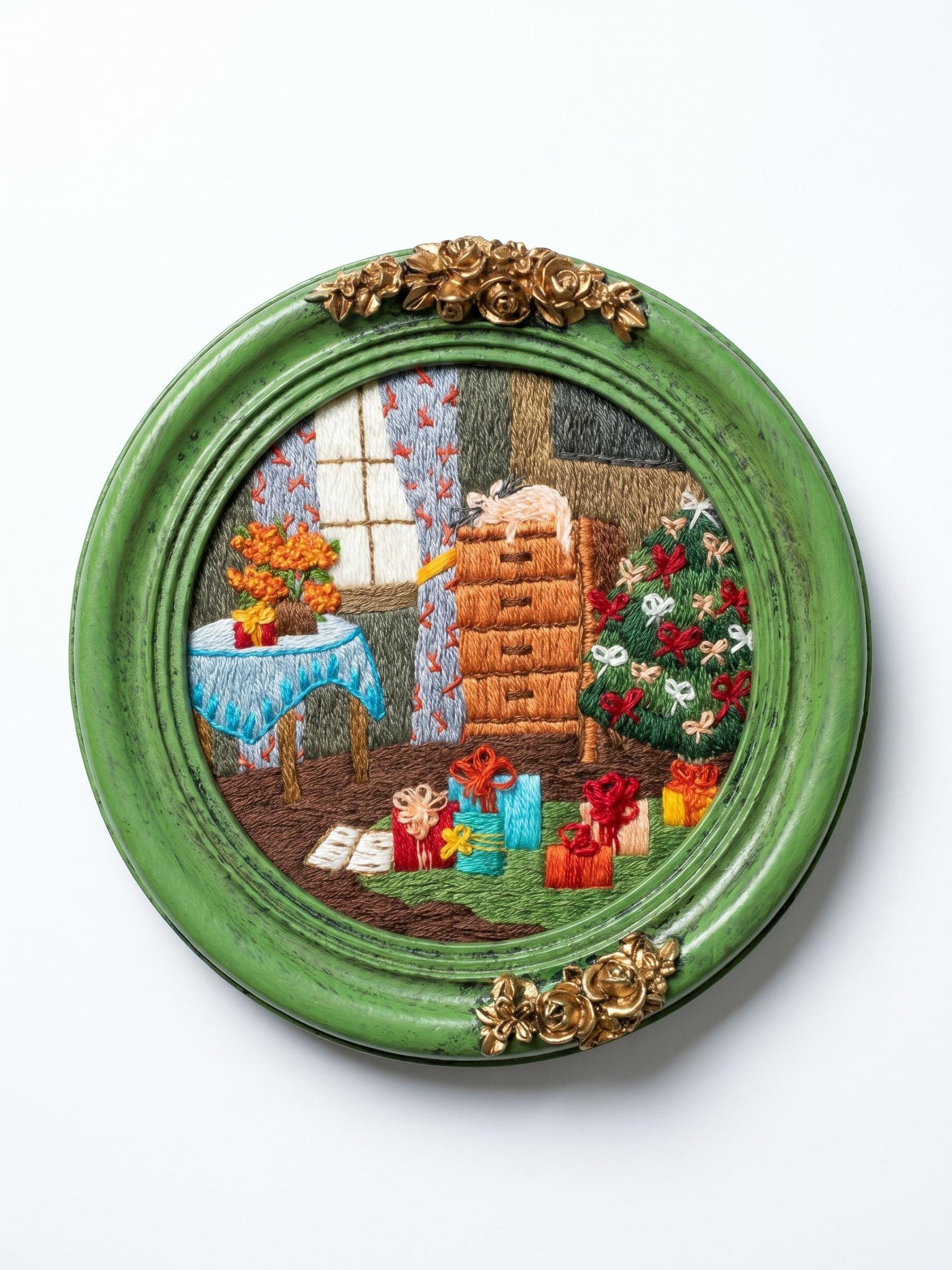 Christmas Cottage Memories Impression Embroidery Artwork in Vintage Distressed Frame product image (1)