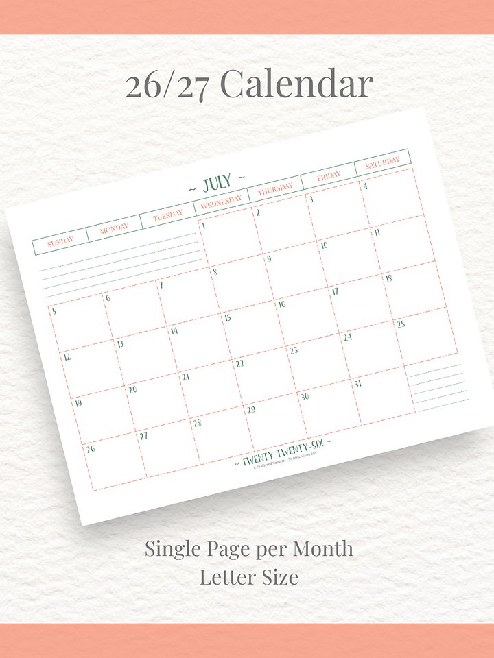 Peachy Green - 26/27 Calendar - Single Page per Month - Letter Size product image (1)
