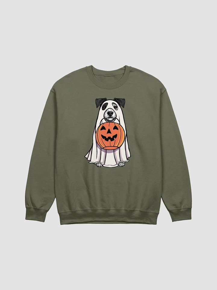 Funny Halloween Jack Russell Terrier(Black & White) Sweatshirt | Funny JRT Wearing a Ghost Costume and Holding a Pumpkin Basket product image (1)