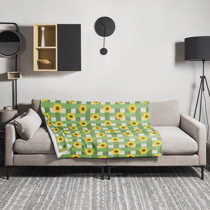 Sunflower Gingham Pattern- Green Background Throw Blanket product image (2)