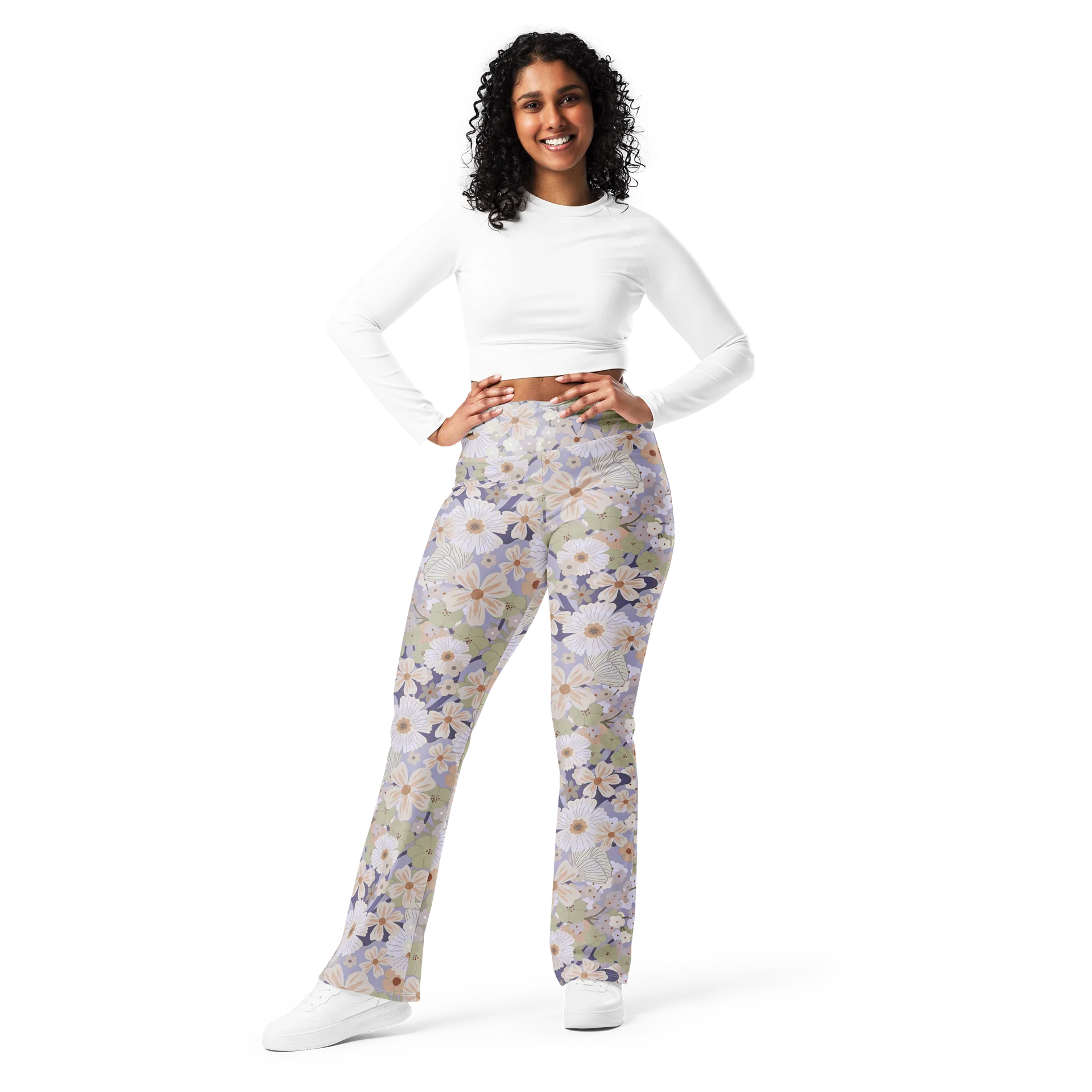 Khaki Green Blue Floral Flare Yoga Leggings product image (10)