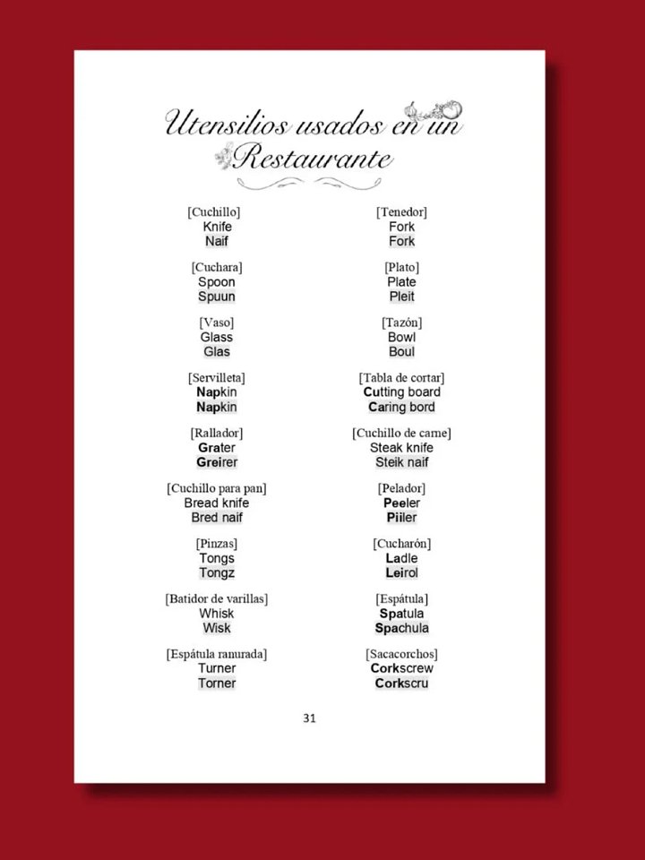 EDICIÓN 2023 Vocabulario Restaurante - Aprende Inglés con Pronunciación en Español - KNinglés product image (2)