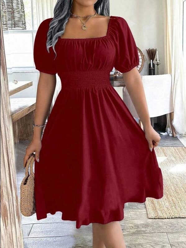 ADLEST | Breezaya 1pc Women Square Collar Puff Sleeve Cinched Waist Palazzo Green Dress, Spring/Summer product image (1)