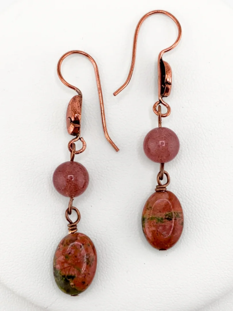 Unakite, Strawberry Quartz, Rhodonite, and Copper Bull’s Head Fringe Necklace and Earrings Set product image (3)