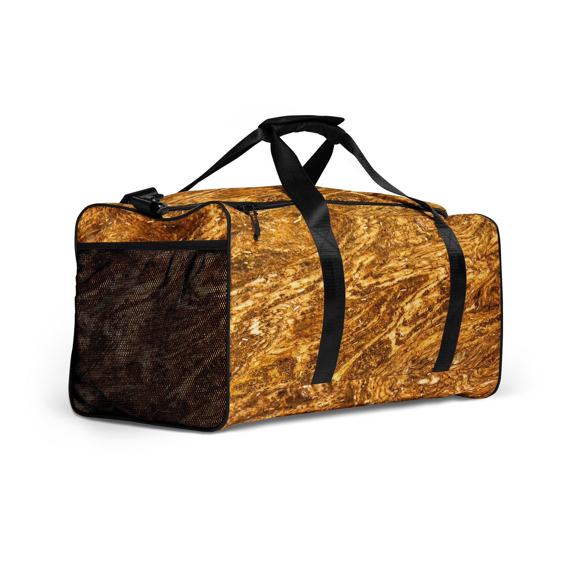 Golden Strata: Golden Amber Marble Duffle Bag | All-Over Print Travel Carry-On | Earthy Ochre Gym & Weekend Bag product image (2)