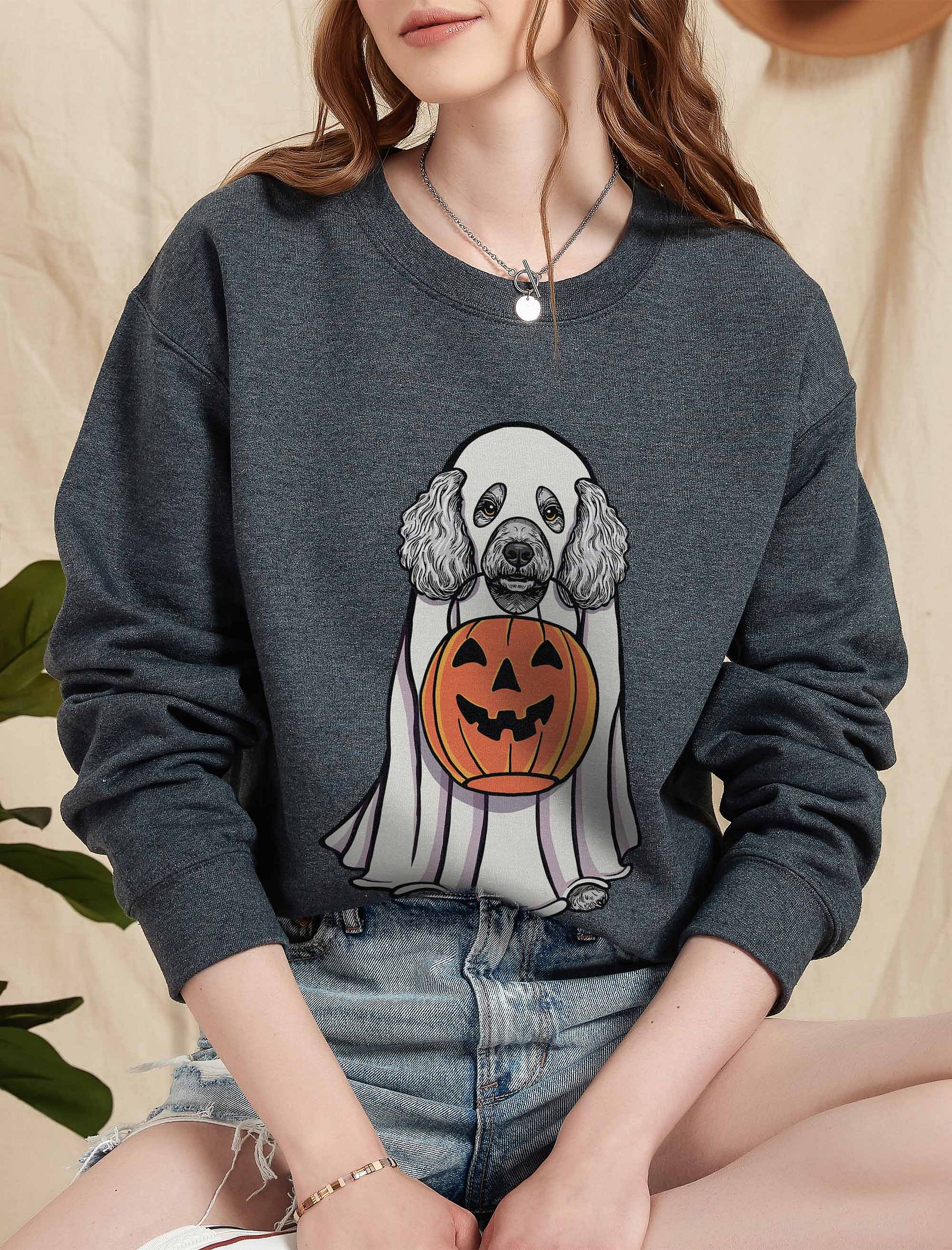 Funny Halloween Mini Poodle(Gray) Sweatshirt | Funny Poodle Wearing a Ghost Costume and Holding a Pumpkin Basket product image (2)