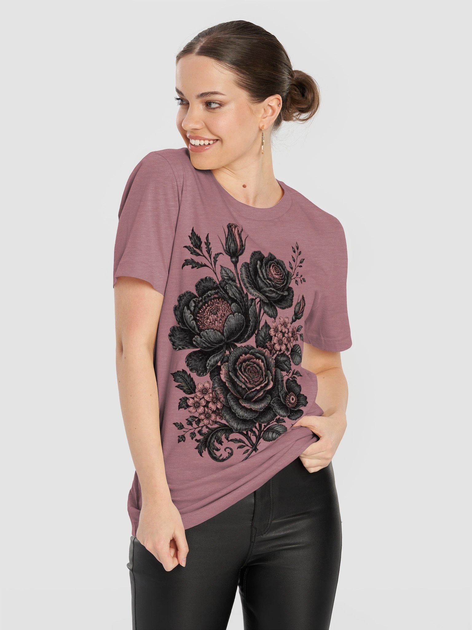 Gothic Floral Shirt, Black & Pink Rose Victorian-Inspired Botanical Tee product image (12)