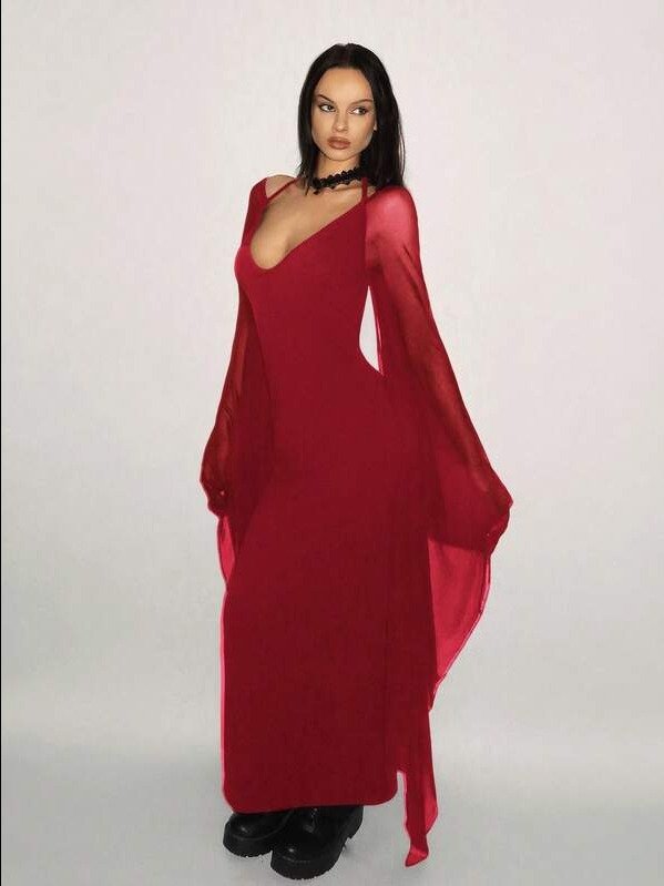 ADLEST ICON Y2k Women Elegant Fitting Long Sleeve Mesh Exaggerated Batwing Sleeve Bodycon Dress Witchy Clothes product image (10)